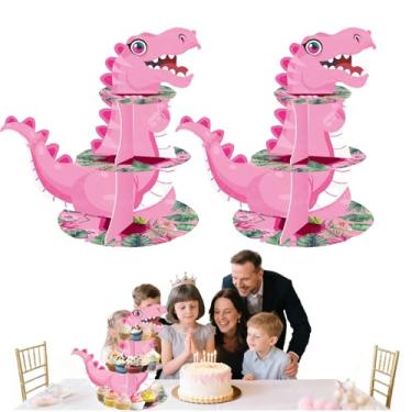 Imagem de Pau1Hami1ton Suporte de cupcake de dinossauro de 3 camadas, 2 peças, suporte de papelão para cupcake de dinossauro – fácil de montar e reutilizável (5 dinossauros)