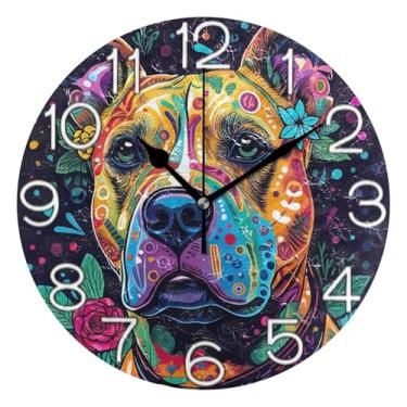 Imagem de GAIGEO Relógio de parede analógico decorativo operado por bateria silencioso para quarto e cozinha, decoração de parede moderna para sala de estar, arte colorida de cachorro Pitbull, 25 cm, ponteiros