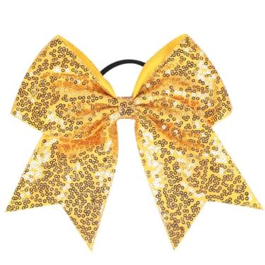 Imagem de Laço de cabelo elástico com lantejoulas amarelas de 17,8 cm, laço de cabelo grande com glitter, suporte de rabo de cavalo para líderes de torcida, acessórios de cabelo para adolescentes e mulheres