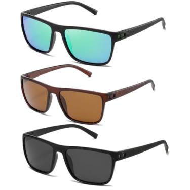 Imagem de (Pacote com 3) Óculos de sol quadrados polarizados para homens, estilo vintage, dirigir, viajar, armação leve, proteção UV, Preto/Gery mudo + preto mudo + verde + marrom/marrom