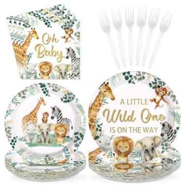 Imagem de 96 peças de decorações de chá de bebê safári na selva, descartáveis, um pouco selvagem está a caminho, pratos de papel e guardanapos selvagem, animais de safári, conjunto de utensílios de mesa para