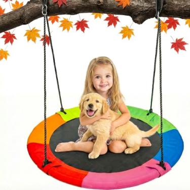 Imagem de 40 Inch Saucer Tree Swing for Kids - Round Disc Circle Swing for Outdoor Play with Adjustable Hanging Straps, Ideal for Backyard and Indoor Playgrounds
