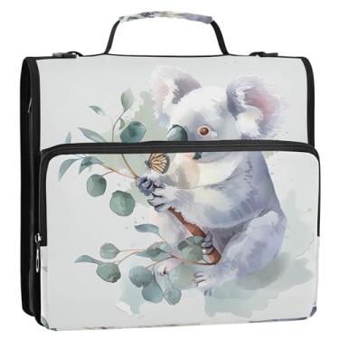 Imagem de Fichários grandes de 3 anéis, anel D de 3,8 cm, coala, ramo de eucalipto, fecho de correr, organizador de fichário, estojo de armazenamento com alça para fichários escolares com alça de ombro