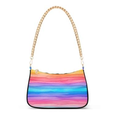 Imagem de Bolsa de ombro com corrente listrada em aquarela, bolsa feminina Hobo, bolsa clutch colorida para uso diário e noturno