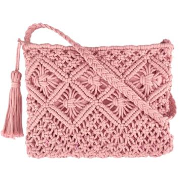 Imagem de Vavili Bolsa tiracolo boho, bolsa de ombro de corda de algodão tecida à mão, bolsas femininas de verão para praia, rosa, 26cm x 21cm