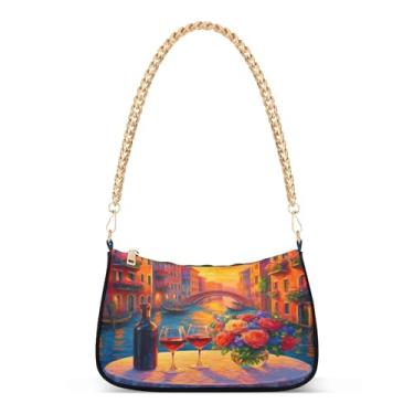 Imagem de Bolsa de ombro vintage floral com corrente de flor de vinho com estampa artística Hobo para mulheres, bolsa clutch versátil para noite