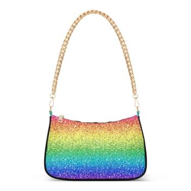 Imagem de Bolsa de ombro colorida com corrente gradiente arco-íris, bolsa feminina Hobo com estampa de glitter, bolsa média moderna para uso diário e festa