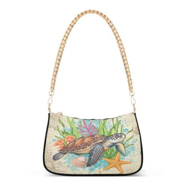 Imagem de Bolsa de ombro vintage com corrente de tartarugas marinhas, bolsa de mão média com estampa artística para mulheres, bolsa clutch Hobo versátil