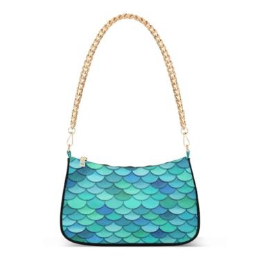 Imagem de Bolsa de ombro em aquarela azul verde escamas de sereia, bolsa feminina Hobo, bolsa clutch moderna para uso diário e noturno