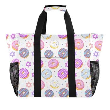 Imagem de Joitme Sacolas de compras reutilizáveis para mantimentos sacolas coloridas de donuts com estampa de estrelas, bolsas de praia para mulheres, fofas, boho, designer de piscina, bolsa mãe extra grande