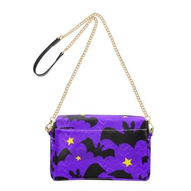 Imagem de Joitme Bolsa feminina tiracolo de Halloween preta morcegos roxos bolsa de ombro de couro PU com alça de corrente bolsa para celular fofa