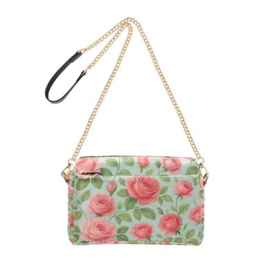 Imagem de Joitme Bolsa de ombro feminina vintage floral rosa rosas vermelhas bolsa tiracolo para celular bolsa de ombro de couro PU com alça de corrente