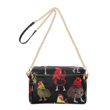 Imagem de Bolsa feminina tiracolo bolsa para celular bolsa de ombro de couro PU alça de corrente várias galinhas preto animal