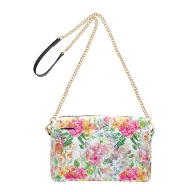 Imagem de Joitme Bolsa feminina vibrante com flores em aquarela e plantas, bolsa transversal para celular, bolsa de ombro de couro sintético com alça de corrente