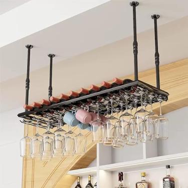 Imagem de Suporte de teto para copos de vinho, suporte de metal ajustável para vinho, suporte de garrafa de ferro flutuante, prateleira de armazenamento de vinho para bar café cozinha festa (preto 60 x 30 cm)