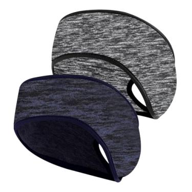 Imagem de 2 peças de faixa de cabeça de lã para corrida, aquecedores de orelha com orifício de rabo de cavalo, protetores térmicos para esportes, corrida, ciclismo, inverno (azul marinho/cinza)