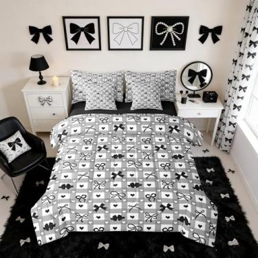 Imagem de Erosebridal Jogo de cama casal com laço preto fofo, princesa negra, 7 peças, com nó de laço geométrico, para crianças, meninos, homens, moderno, moderno, lençol com elástico e lençol de cima