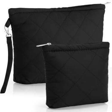 Imagem de Gilprop 2 peças de bolsa de maquiagem acolchoada para cosméticos para mulheres, fofa, portátil, organizador de maquiagem, bolsa de higiene pessoal com alça de pulso, mini bolsa de moedas com zíper