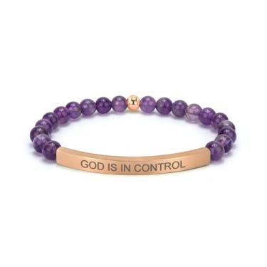 Imagem de cusurlove Pulseira de ametista cristã para mulheres, joias de versículo bíblico banhado a ouro 18K, presente de fé religiosa inspiradora, joia das escrituras para encorajamento e força, Medium