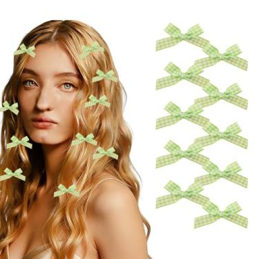 Imagem de Laços de cabelo xadrez para mulheres, mini laço guingão verde, clipes de jacaré para tranças, fitas decorativas de cabelo, pequenos grampos de cabelo com laço quadriculado, 10 peças, lindos acessórios