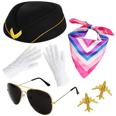 Imagem de 6 peças acessórios de fantasia de comissária de bordo para mulheres, roupas de aeromoça, chapéu de comissária de bordo, alfinete, luvas de cachecol (preto)