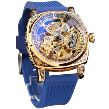 Imagem de FORSINING Relógios masculinos, relógio mecânico retrô quadrado esculpido, esqueleto automático, pulseira de couro vintage, Azul