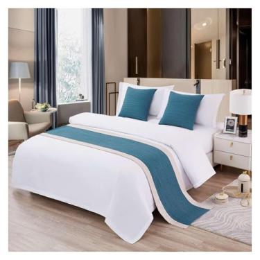 Imagem de HSTANGKY Cachecol para cama de hotel, cor sólida, confortável, protetor de cama de algodão e linho, colcha decorativa para quarto, toalha de cama para solteiro, queen, tamanho king, azul. ||50 x 260