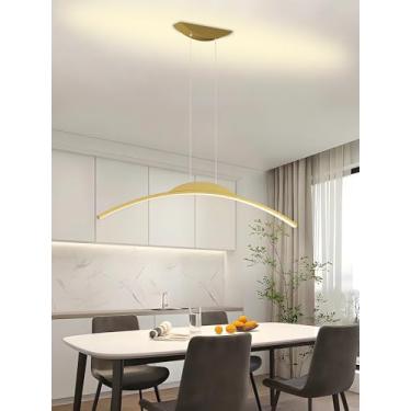 Imagem de Luminária pendente LED moderna com design criativo e curvatura ajustável, dimerizável e com controle remoto. Ideal para sala de jantar, cozinha e escritórios (Dourada, 100cm).