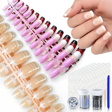 Imagem de 10 unhas, cores mistas, vermelho brilhante, roxo, unhas postiças, salão de beleza, nude, bege, francês, unhas de unhas, presentes diários para mulheres e meninas com abas adesivas