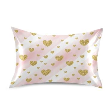 Imagem de Wassud Fronha dourada de cetim para cabelo e pele com corações brilhantes para o dia dos namorados capas de almofada de seda lisa tamanho queen com fecho de envelope