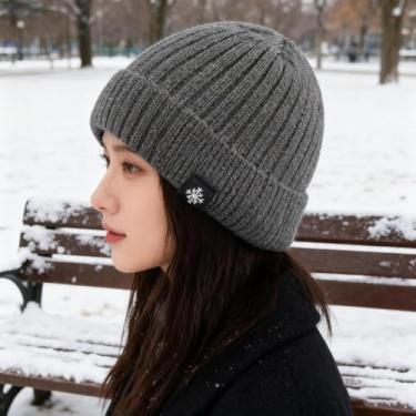 Imagem de 1 gorro unissex de lã grossa de inverno com abas de orelha, quente e adequado para uso diário., Cinza escuro, Tamanho Único