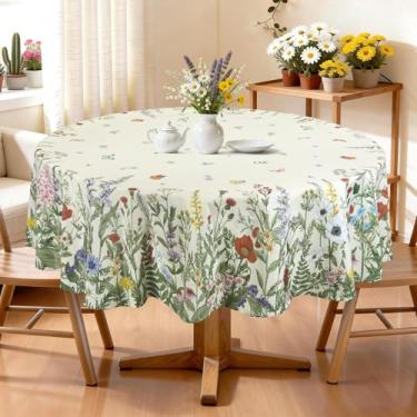 Imagem de Arquiel Toalha de mesa floral de grama redonda lavável na máquina, 178 x 178 cm, capa de mesa verde de poliéster para cozinha, jantar, festa, decoração ao ar livre