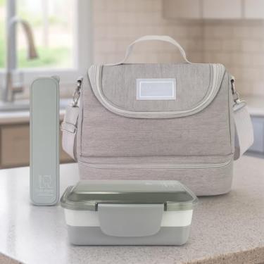 Imagem de Kit Bolsa Térmica C/ 2 Compartimentos + Marmita + Porta Talheres 3 Peças Para Viagem e Armazenamento (Cinza)