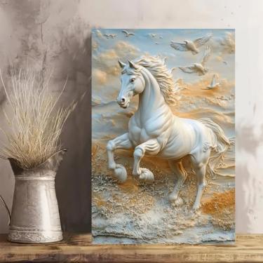 Imagem de Arte de parede em tela rústica vintage cavalo branco galopante - Pôster sem moldura de 30 x 45 cm - Ideia de presente para decoração de casa e escritório para sala de estar, quarto, cozinha e café