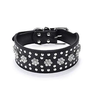 Imagem de Coleiras para cachorro com strass e estampa de flores com strass da Haoyueer com diamantes de cristal brilhantes, brilhantes, elegantes, chiques, de couro PU para cães de porte médio e grandehaoyueer L preto C0100110389