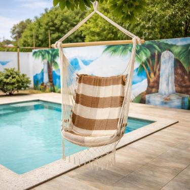 Imagem de Rede Cadeira de Teto Suspensa Descanso e Balanço(CARAMELO COM BEGE)