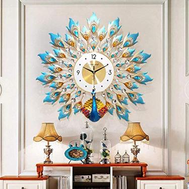 Imagem de U5GAAALPPQ9 Relógio de parede grande de pavão de metal, decoração de parede decorativa para sala de estar, decoração de casa, relógio de parede de pavão europeu de cristal, relógio de sala de estar