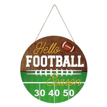 Imagem de Placa de Madeira Decorativa Futebol, 30cm Diâmetro Hello Football Season Placa Decorativa Rugby com Corda para Porta Entrada Janela Varanda Mesa e Festas Esportivas