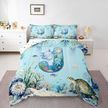 Imagem de Erosebridal Jogo de cama com estampa de axolotl fofo, tamanho casal, axolote azul, para meninas, com inicial J, para crianças, adolescentes e adultos