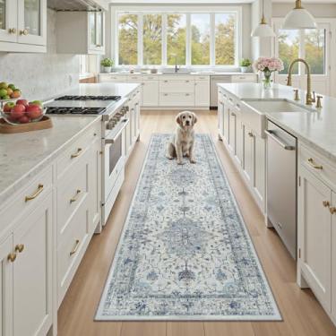 Imagem de RELEANY Tapetes de área de 6 x 18 cm, lavável, antiderrapante, estampa floral, vintage, tapete medalhão para sala de estar, quarto, sala de jantar, azul claro, azul-marinho, bege, cinza, branco