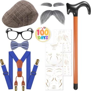 Imagem de Fabllewavi 8 peças fantasia de velho avô – chapéu, suspensórios, gravata borboleta, sobrancelhas, bigodes, óculos, crachá, tatuagem para cosplay, Azul, Standard