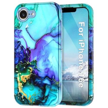 Imagem de CASEFIV Capa compatível com iPhone 16e, padrão de mármore, 3 em 1, resistente, à prova de choque, de corpo inteiro, PC rígido + silicone macio para mulheres e meninas, para iPhone 16e, mármore ciano