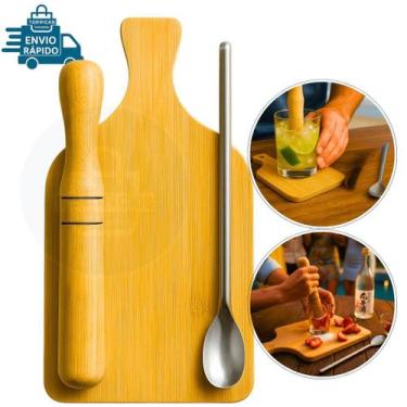 Imagem de Kit Caipirinha 3 Pçs Tabua Socador De Bambu Colher De Inox Kit Barman 