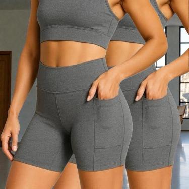 Imagem de Kit c/ 2 SHORTS Legging BOLSO LISO Cintura Alta Fitness Treino Casual Preto Cinza 1126-Feminino