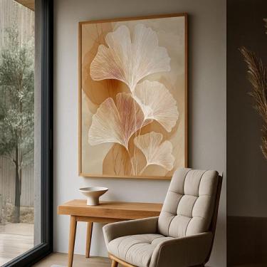 Imagem de Quadro com Moldura e Acrilico Cristal Vidro Ginkgo Bege para Sala, Qua