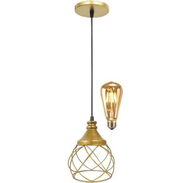Imagem de Pendente Aramado Redondo Dourado + Lâmpada Lustre Luminária Teto Regulável Sala Cozinha