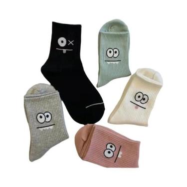 Imagem de Meias De Cano Curto Masculinas Com Estampa De Expressões Fofas, 5 Pare