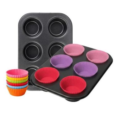 Imagem de Kit Forma Assadeira P/ Cupcake 6 Cavidades + 6 forminhas Silicone Anti