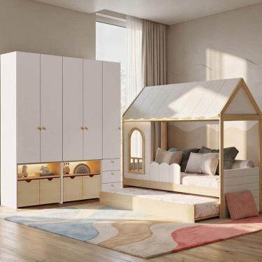 Imagem de Guarda-roupa Modulado Wave e Bicama Casinha New Garden Casatema MadeiraOriginals Branco/Natural