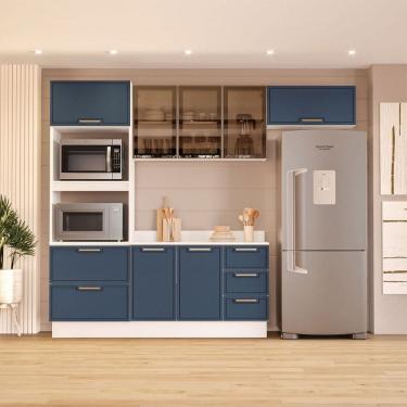Imagem de Cozinha Compacta Amara 8 Portas 4 Gavetas com Vidro Azul/Branco - Politorno